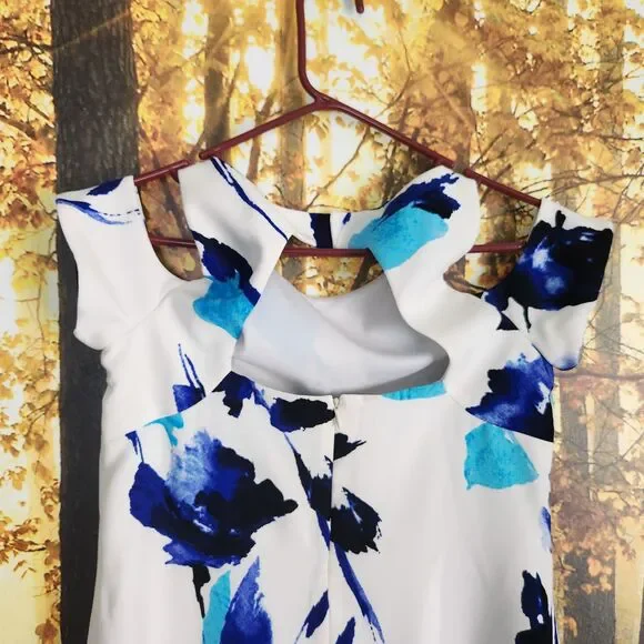 Lauren Ralph Lauren Womens 6 Cold Sholder Cut-Out Floral Crepe Shift Dress Blue - Picture 8 of 16